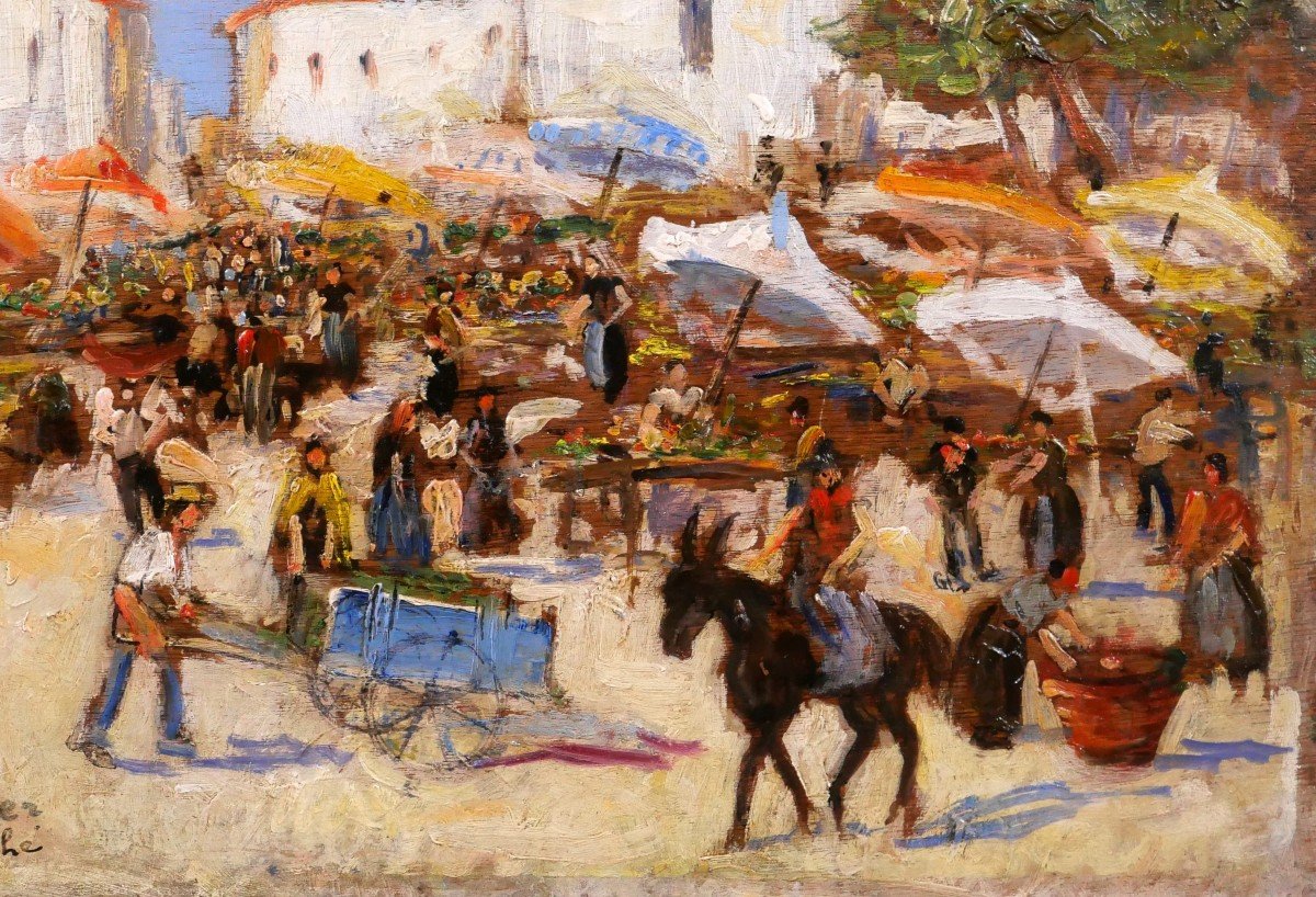 Arthur PERRIER, Paysage de marché, tableau, vers 1930-photo-3