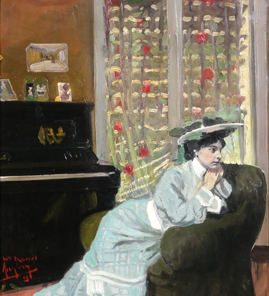Auguste AUGLAY 1876-1920 Femme assise dans son intérieur au piano, tableau, 1903-photo-3