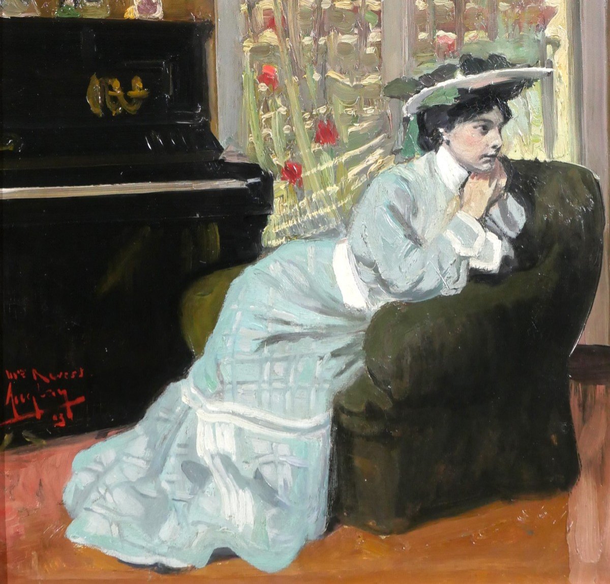 Auguste AUGLAY 1876-1920 Femme assise dans son intérieur au piano, tableau, 1903-photo-4
