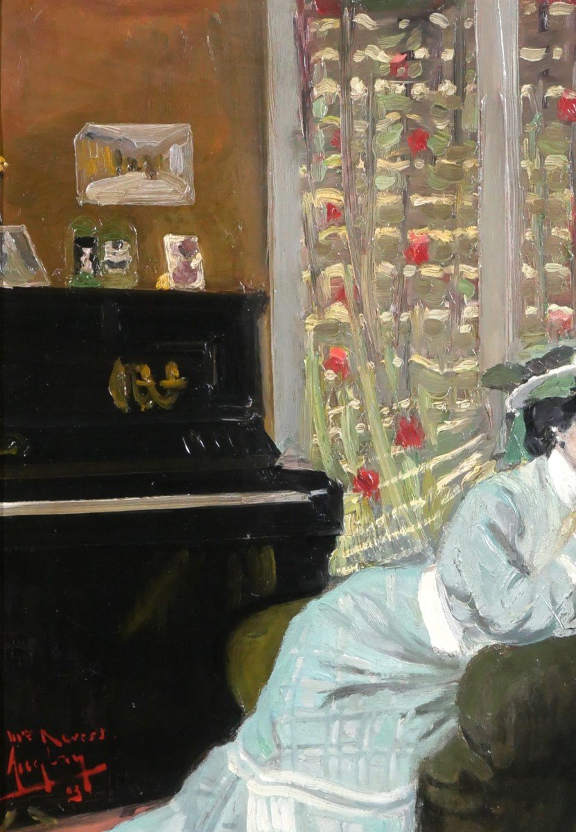 Auguste AUGLAY 1876-1920 Femme assise dans son intérieur au piano, tableau, 1903-photo-1