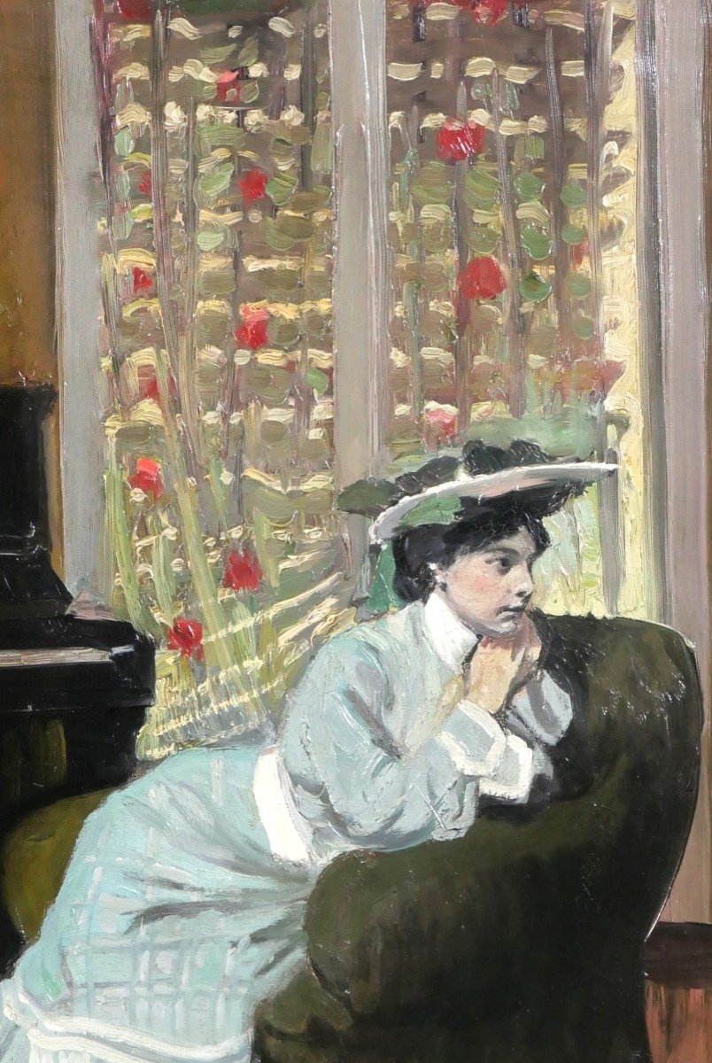 Auguste AUGLAY 1876-1920 Femme assise dans son intérieur au piano, tableau, 1903-photo-2