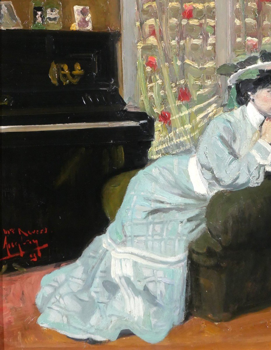 Auguste AUGLAY 1876-1920 Femme assise dans son intérieur au piano, tableau, 1903-photo-4