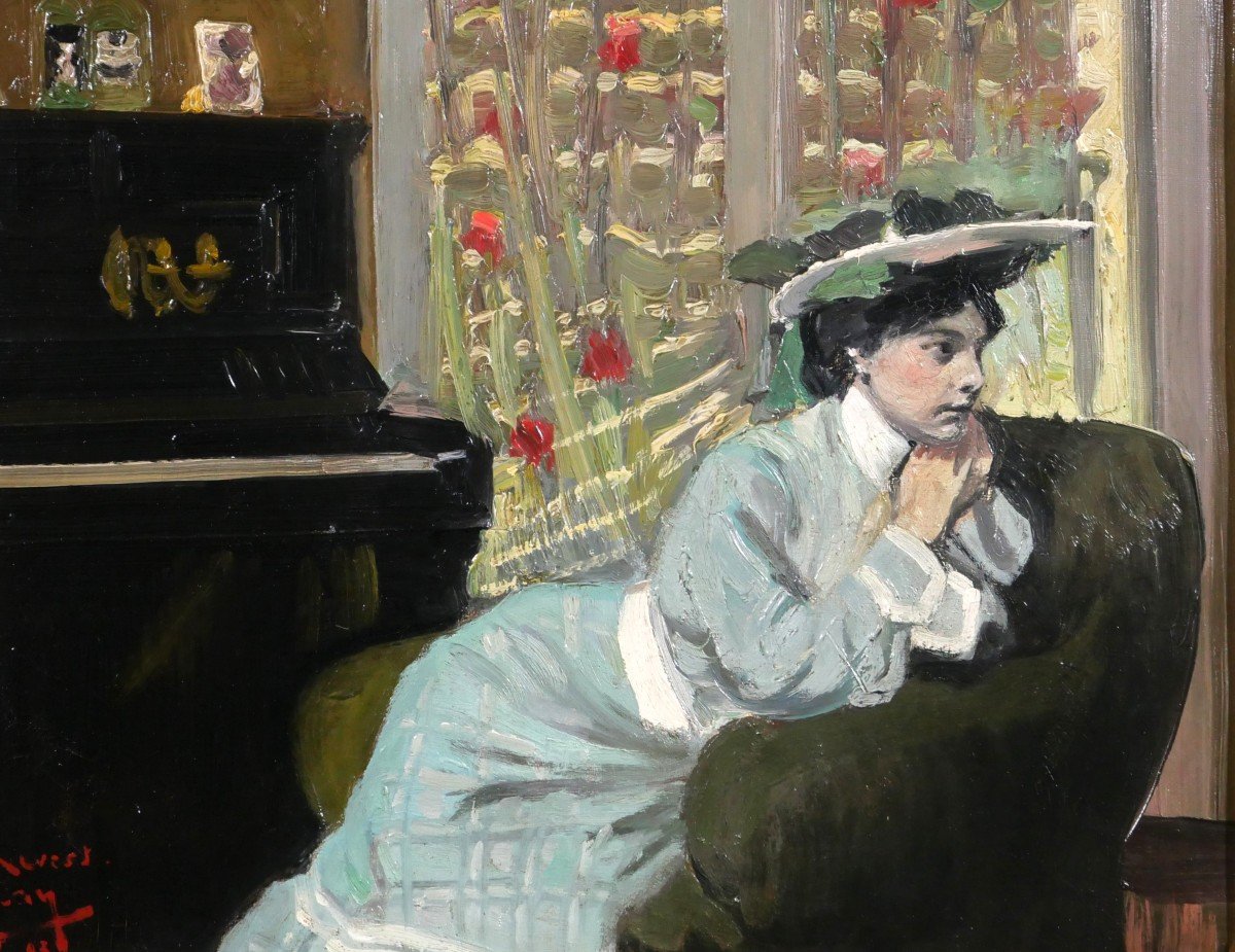 Auguste AUGLAY 1876-1920 Femme assise dans son intérieur au piano, tableau, 1903-photo-5