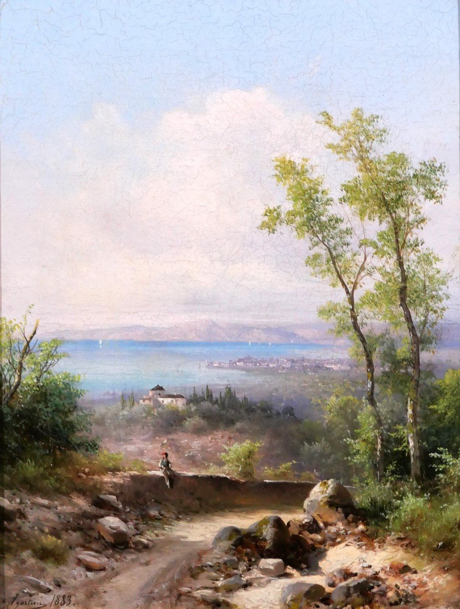 Guido AGOSTINI act. 1869-1902 Paysage de Livorno (Livourne), Italie, Toscane, tableau, 1883