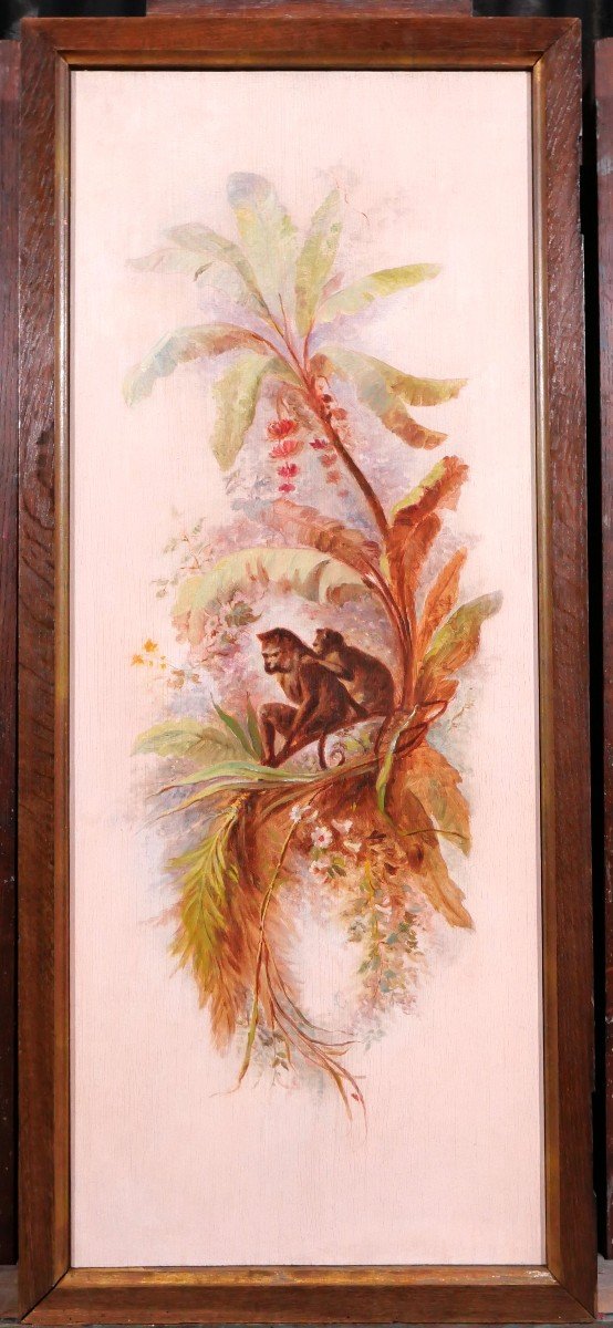 Ecole Française vers 1880, Grand panneau décoratif aux singes, tableau-photo-2