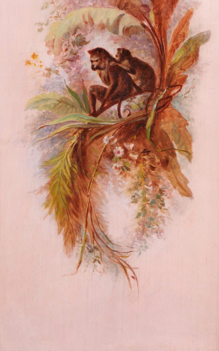 Ecole Française vers 1880, Grand panneau décoratif aux singes, tableau-photo-4