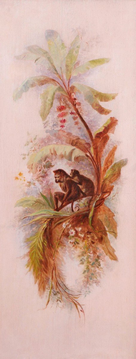 Ecole Française vers 1880, Grand panneau décoratif aux singes, tableau
