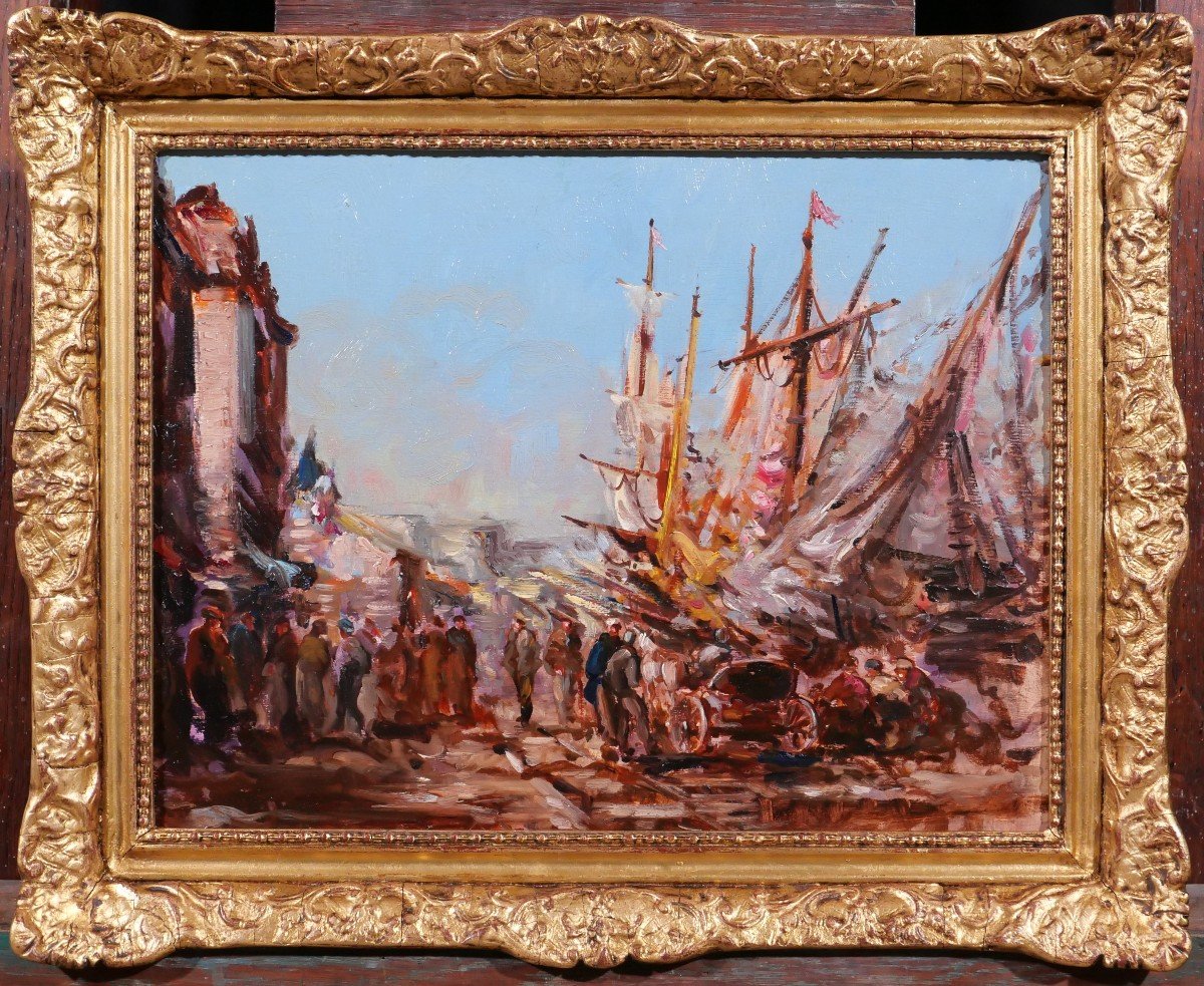 Charles Pecrus (att. To) 1826-1907 Boats In Port, Normandy, Painting-photo-2