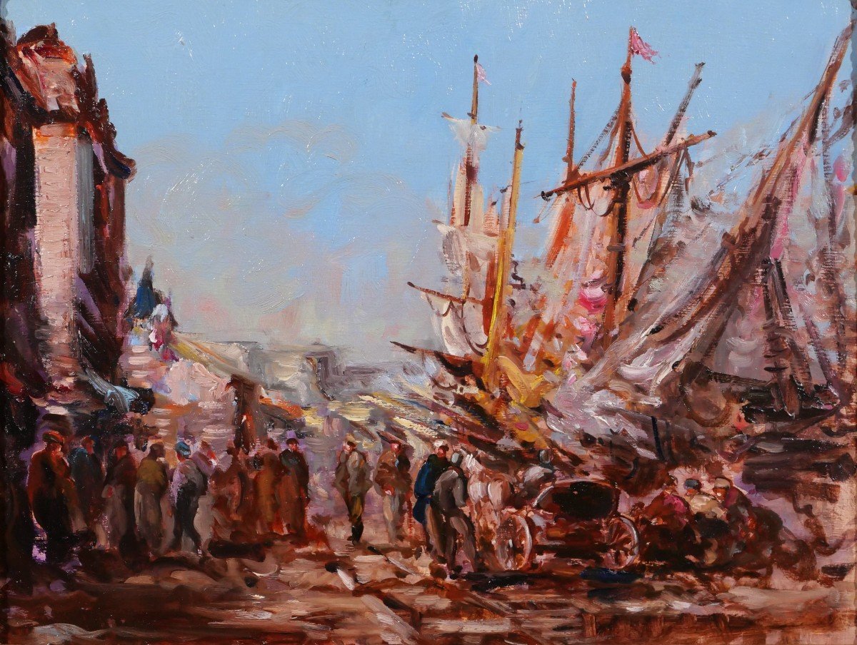 Charles PECRUS (att. à) 1826-1907 Bateaux au port, Normandie, tableau