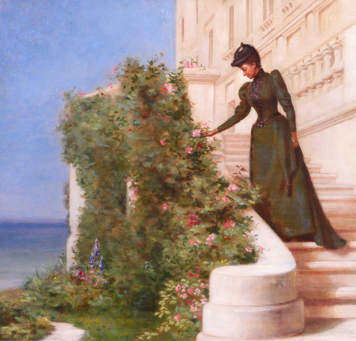 Jessie Marian ISAACS, Femme cueillant une rose devant un chateau, tableau, New York, 1892-photo-3