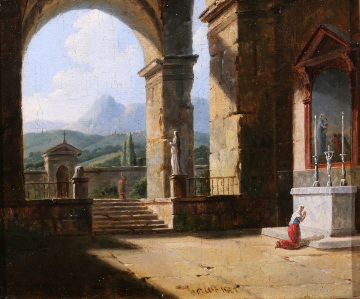 Jean-Baptiste BERLOT 1775-1836 Italie, oratoire dans les ruines antiques, tableau, 1821-photo-4