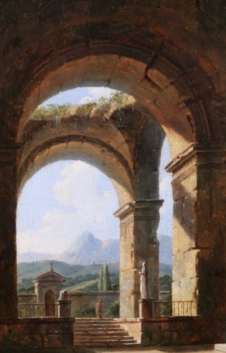 Jean-Baptiste BERLOT 1775-1836 Italie, oratoire dans les ruines antiques, tableau, 1821-photo-1