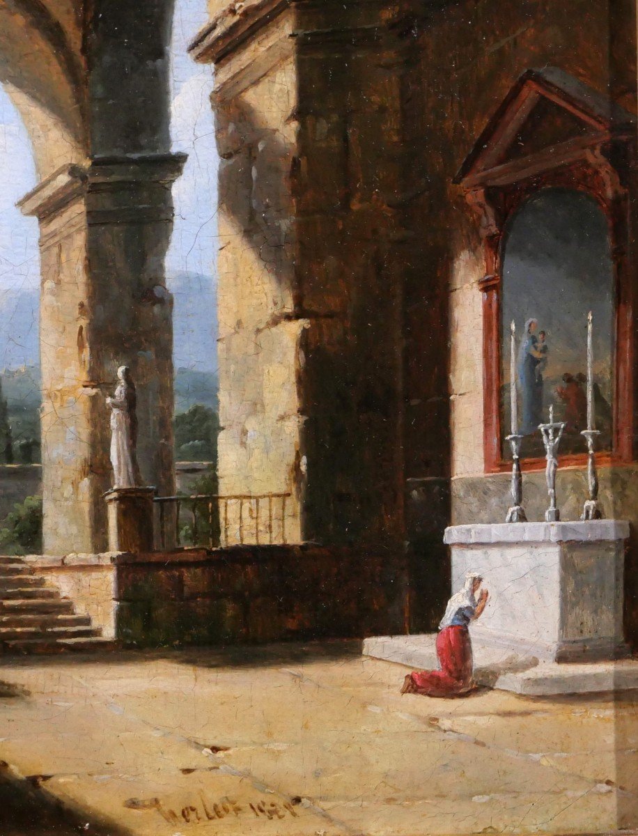 Jean-Baptiste BERLOT 1775-1836 Italie, oratoire dans les ruines antiques, tableau, 1821-photo-3