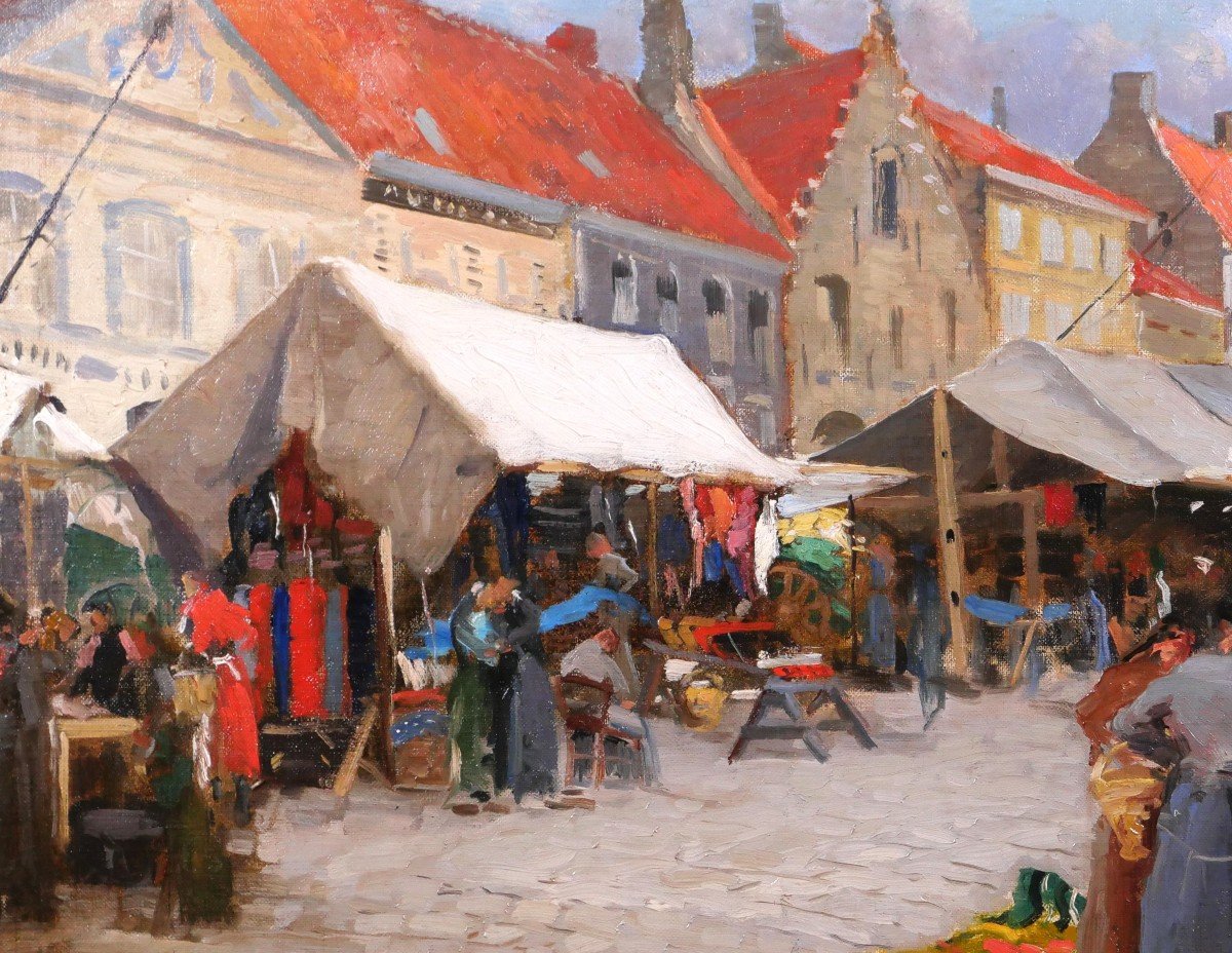 Jules CRAN 1876-1926 Jour de marché à Nieuport (Belgique), tableau, 1906, impressionnisme-photo-1