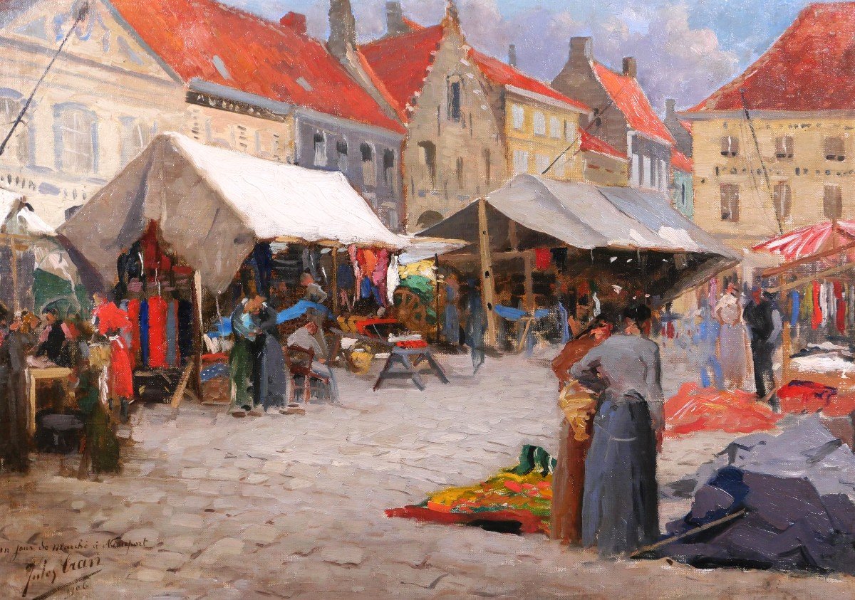 Jules CRAN 1876-1926 Jour de marché à Nieuport (Belgique), tableau, 1906, impressionnisme