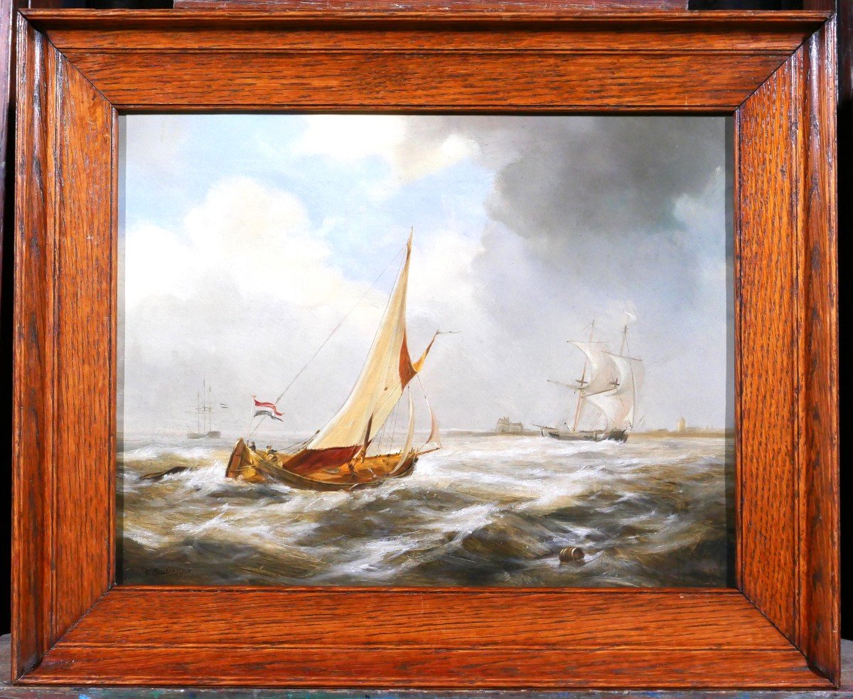 C. Brutenstein 19th Dutch Boats At Sea, Painting, Seascape, Romanticism, Circa 1860-photo-2