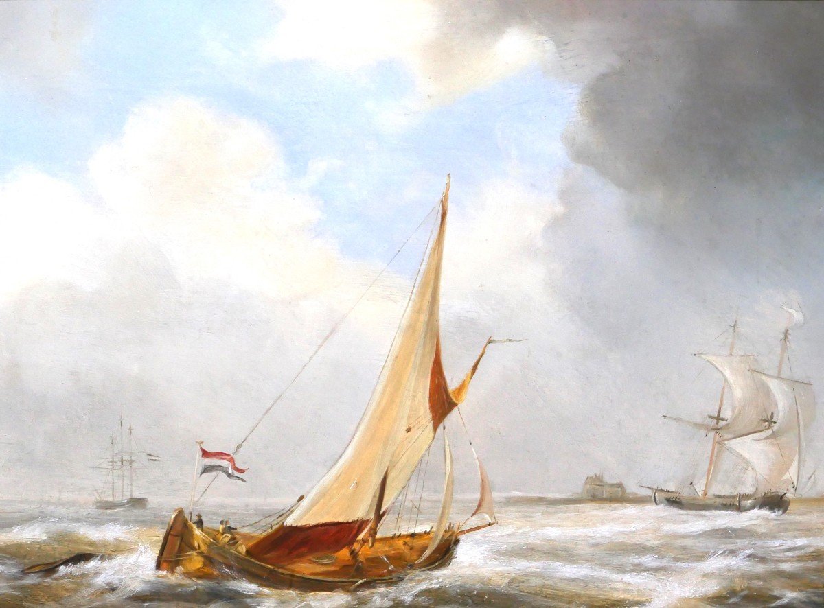 C. Brutenstein 19th Dutch Boats At Sea, Painting, Seascape, Romanticism, Circa 1860-photo-1