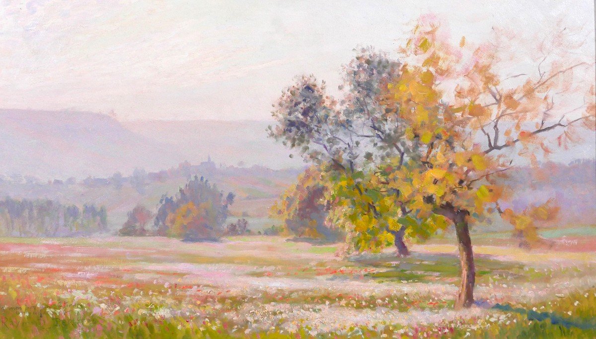 Raymond PERREAU 1874-1976 Paysage aux fleurs et aux arbres, tableau, 1955