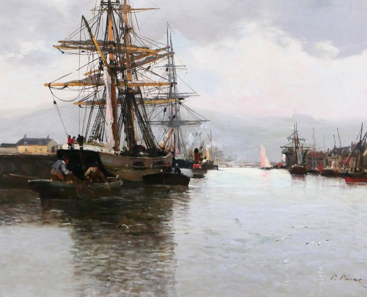 Pierre Pérot 1851-? Bateaux au port de Rouen, tableau, vers 1890-photo-4