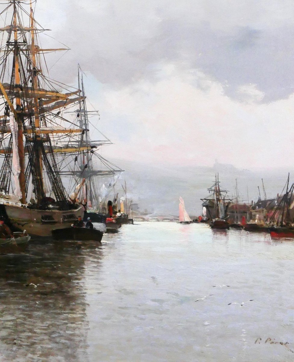 Pierre Pérot 1851-? Bateaux au port de Rouen, tableau, vers 1890-photo-3