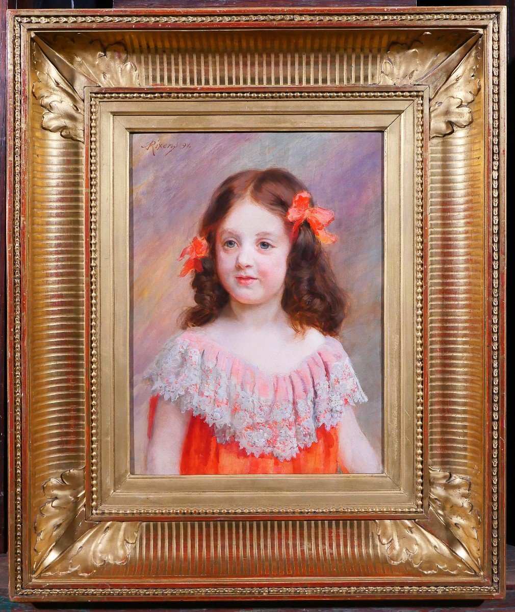 Jean-andré Rixens 1846-1925 Portrait Of A Young Girl In A Red And Lace Dress, Painting, 1894-photo-2