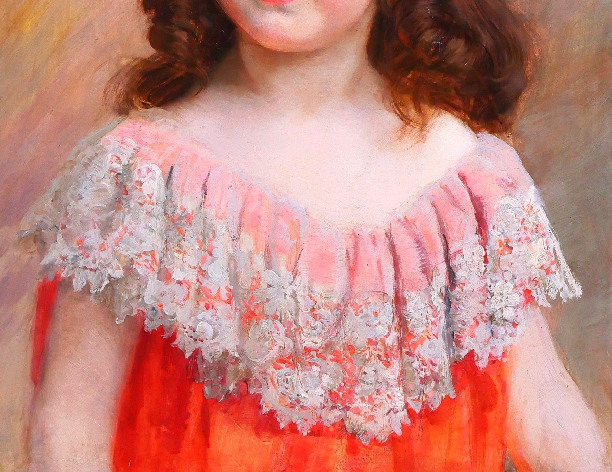 Jean-andré Rixens 1846-1925 Portrait Of A Young Girl In A Red And Lace Dress, Painting, 1894-photo-4