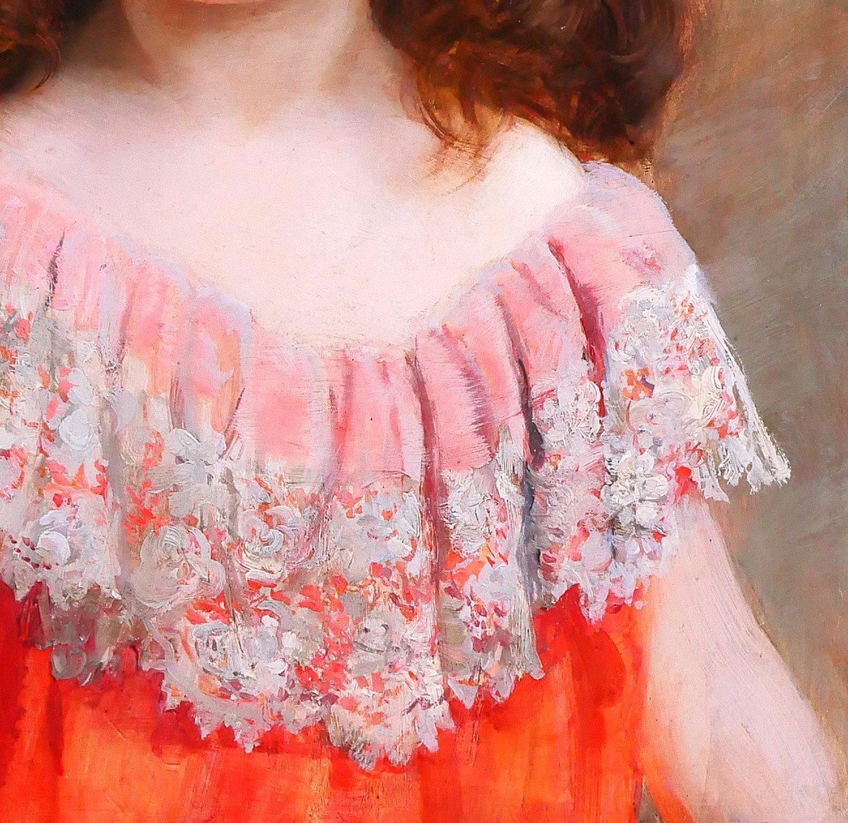 Jean-andré Rixens 1846-1925 Portrait Of A Young Girl In A Red And Lace Dress, Painting, 1894-photo-3