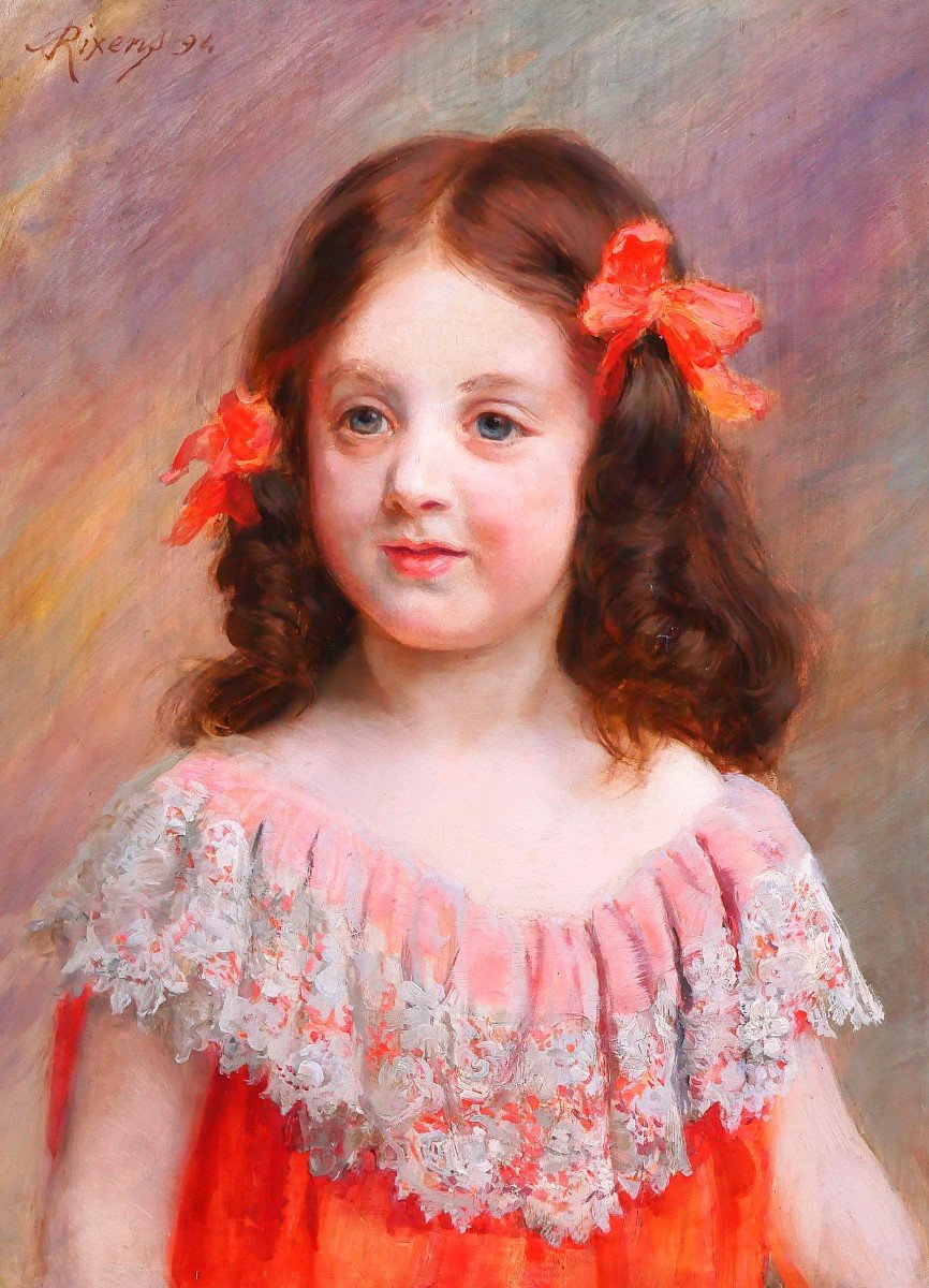 Jean-andré Rixens 1846-1925 Portrait Of A Young Girl In A Red And Lace Dress, Painting, 1894