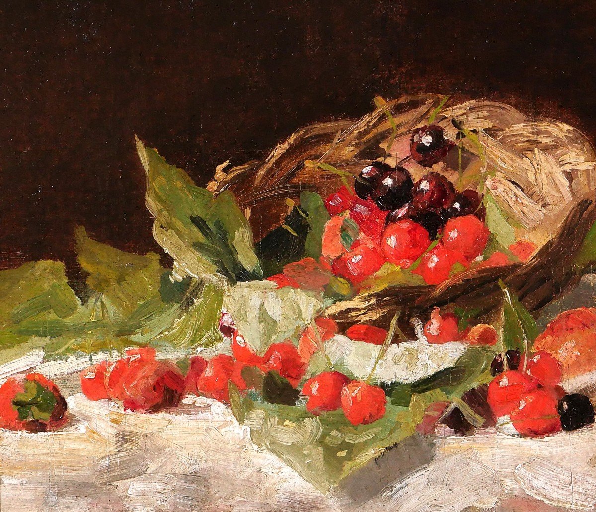 Louis Dubois 1830-1880 Still Life With Cherries, Painting, Circa 1870, Former Hulin De Loo Collection-photo-3