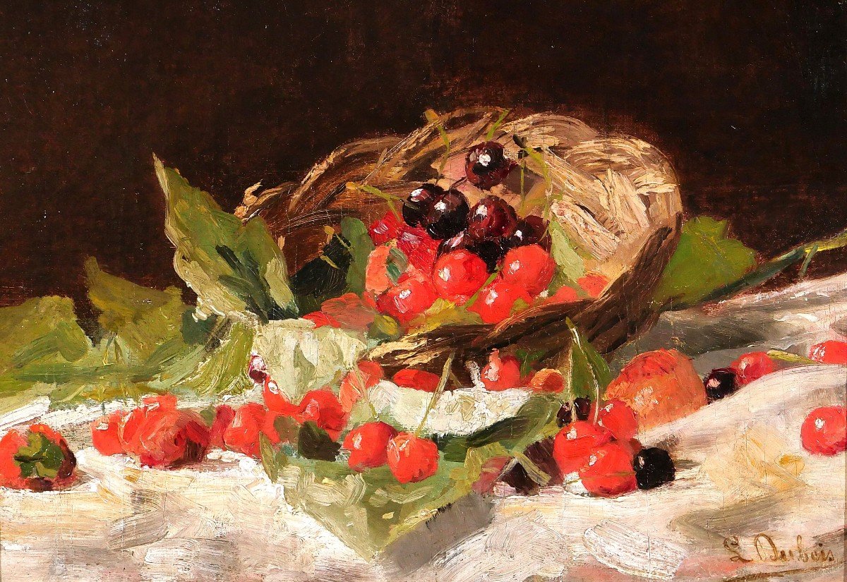 Louis Dubois 1830-1880 Still Life With Cherries, Painting, Circa 1870, Former Hulin De Loo Collection