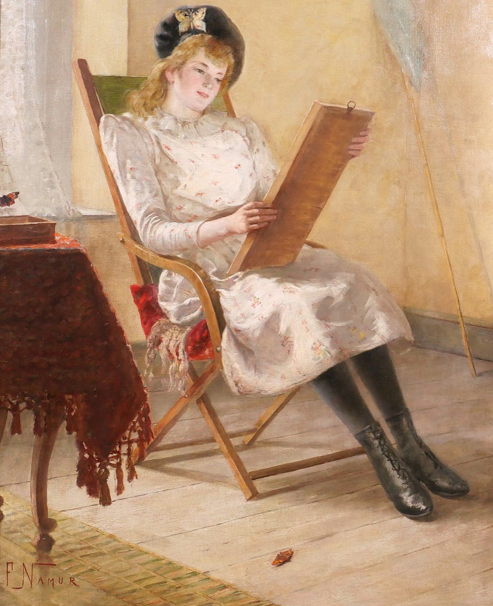 François NAMUR 1857-1902 Jeune femme aux papillons dans un intérieur, tableau, vers 1890-photo-4