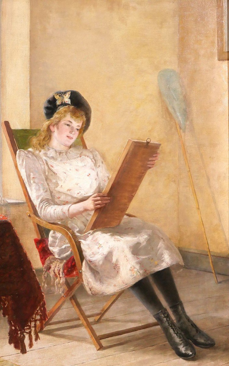 François NAMUR 1857-1902 Jeune femme aux papillons dans un intérieur, tableau, vers 1890-photo-2