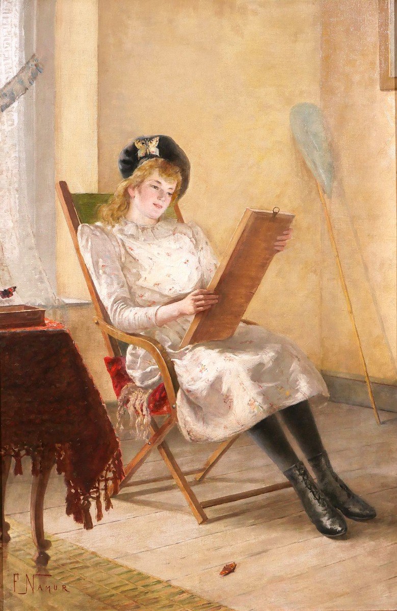 François NAMUR 1857-1902 Jeune femme aux papillons dans un intérieur, tableau, vers 1890