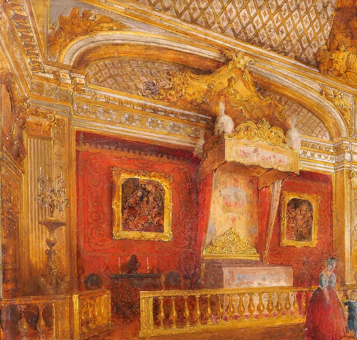 French School Circa 1830-40 Versailles, The King's Bedroom, Painting-photo-1