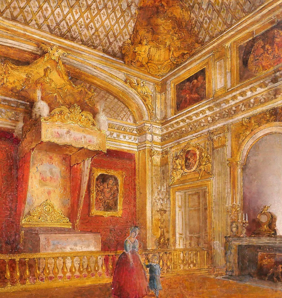 French School Circa 1830-40 Versailles, The King's Bedroom, Painting-photo-2