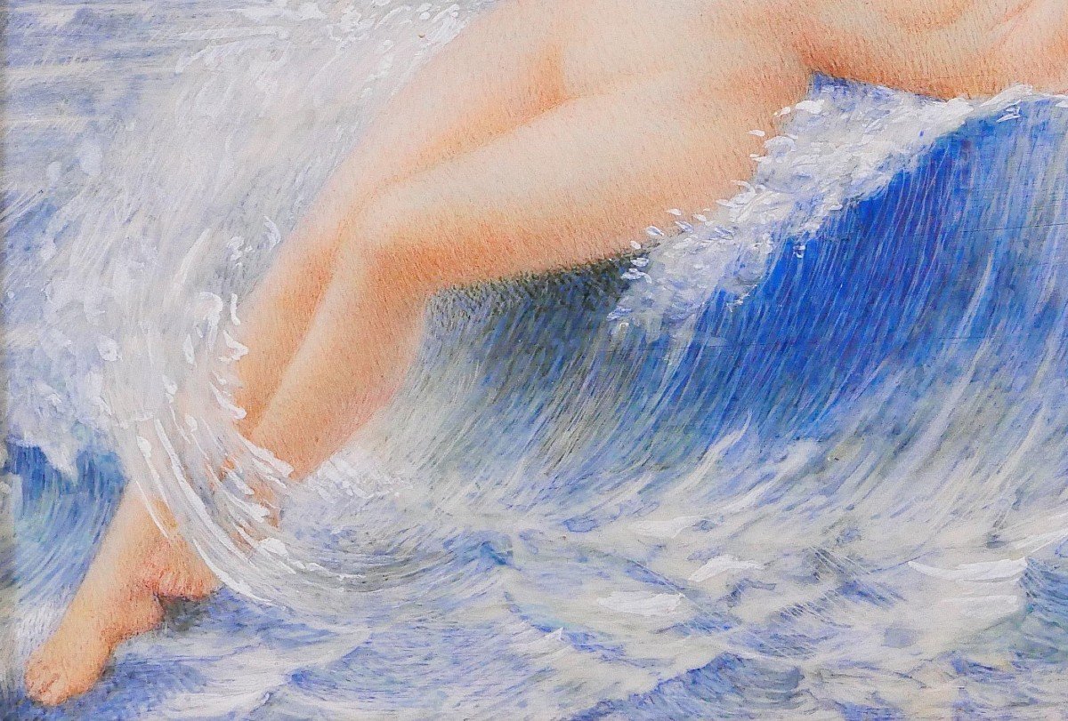 M. Schmiéder 19-20th Nude Woman With Wave, Miniature Painting, 1917-photo-4