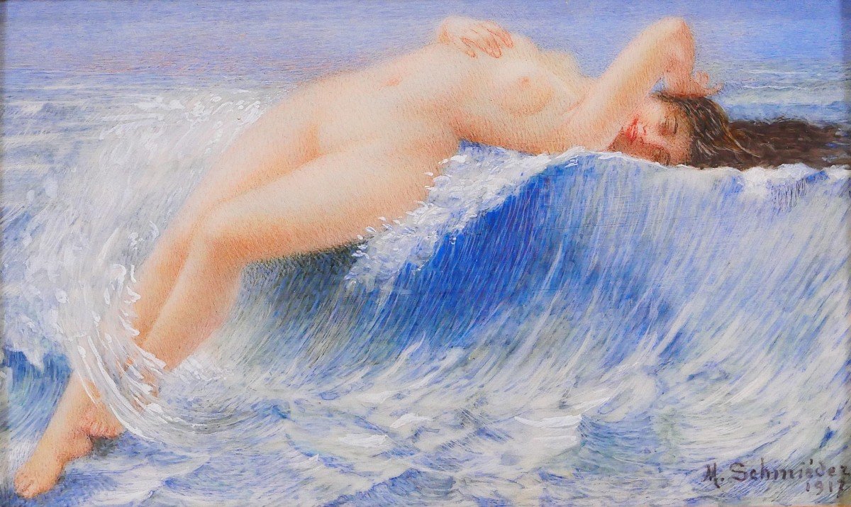 M. Schmiéder 19-20th Nude Woman With Wave, Miniature Painting, 1917