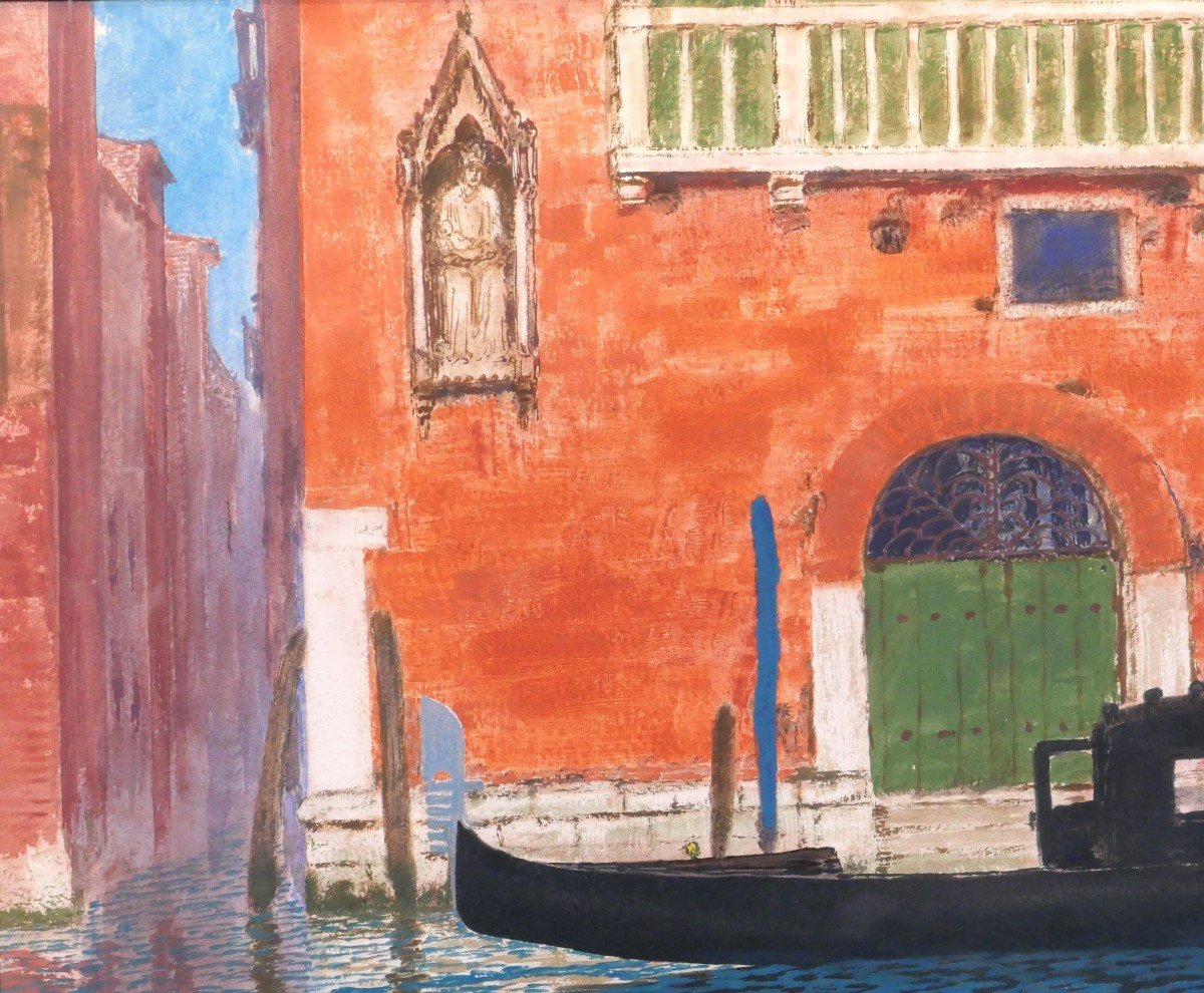 Sigismond Jeanes 1863-1952 Venice, Landscape With Gondola, Gouache, Circa 1920-30-photo-1