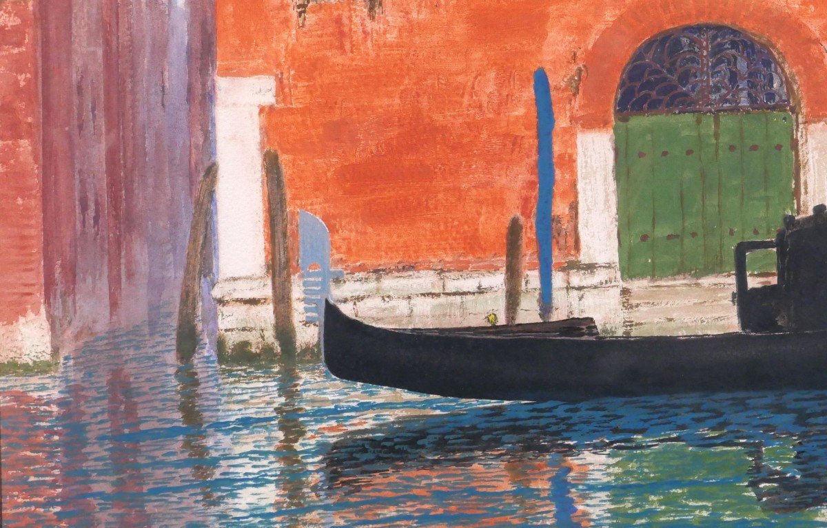 Sigismond Jeanes 1863-1952 Venice, Landscape With Gondola, Gouache, Circa 1920-30-photo-4