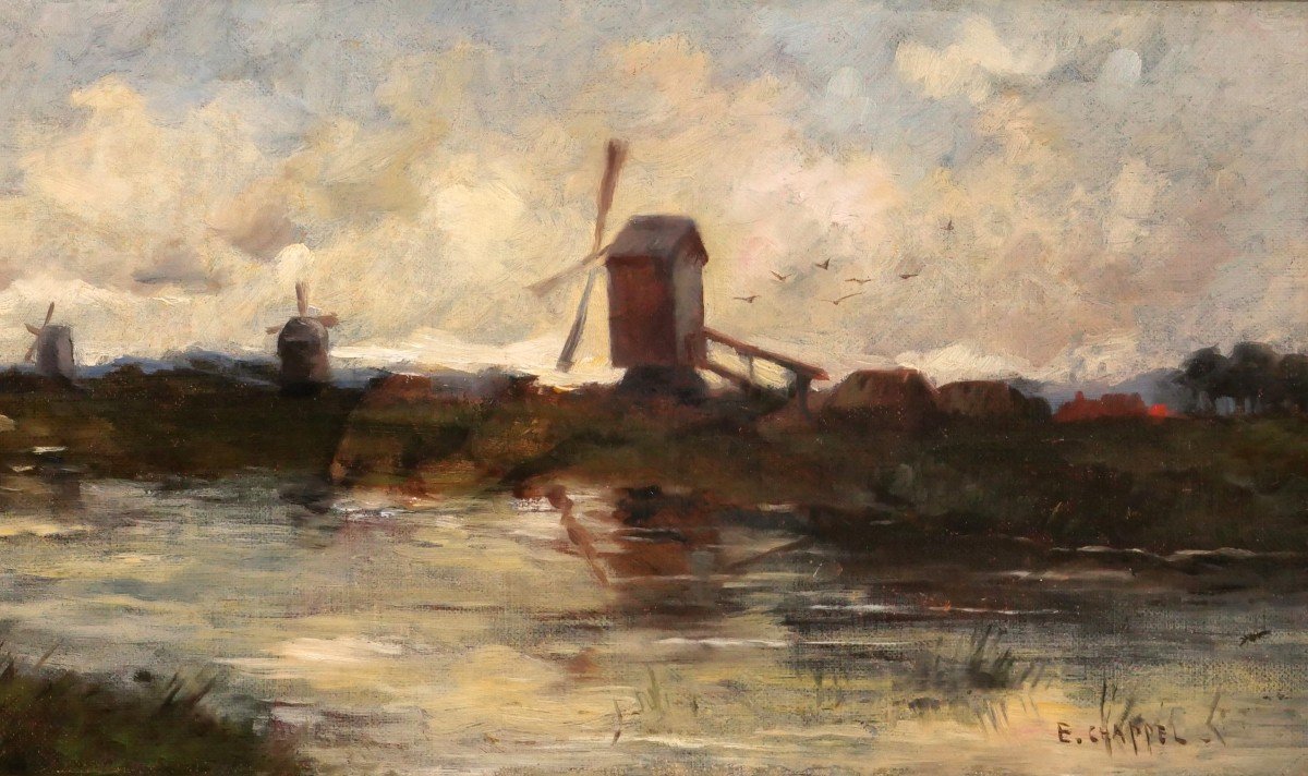 Edward CHAPPEL 1859-1946 Paysage aux moulins, Pays-Bas ou Belgique, tableau, vers 1883-85-photo-4