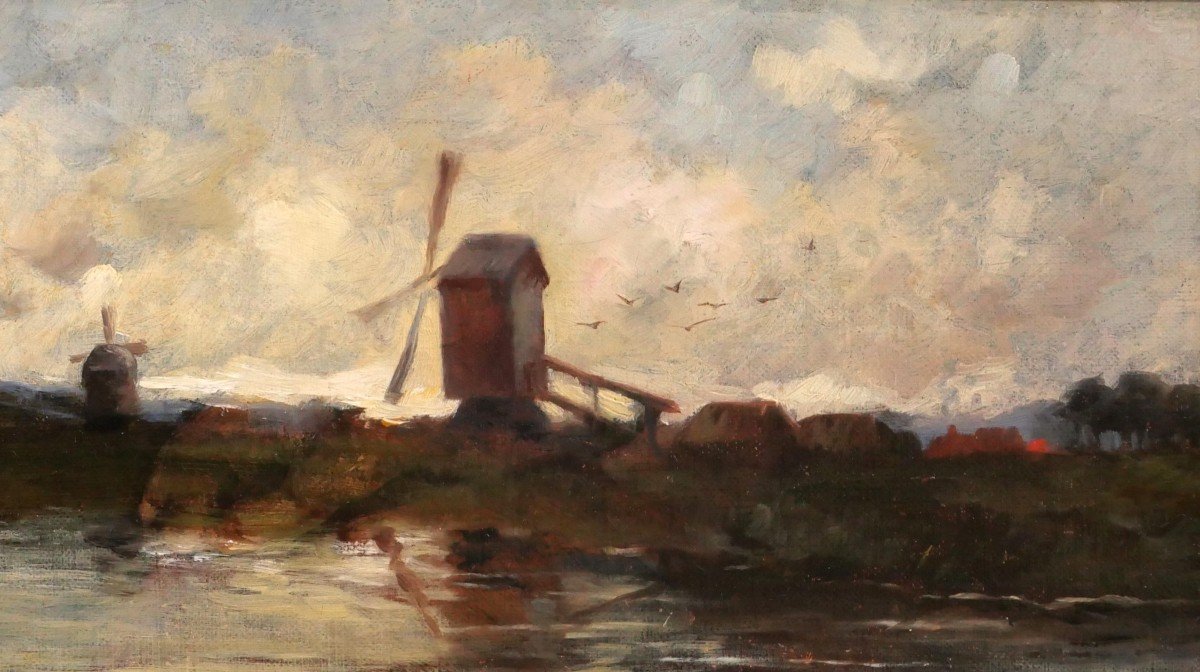 Edward CHAPPEL 1859-1946 Paysage aux moulins, Pays-Bas ou Belgique, tableau, vers 1883-85-photo-2