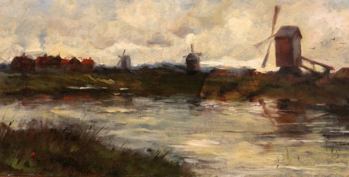 Edward CHAPPEL 1859-1946 Paysage aux moulins, Pays-Bas ou Belgique, tableau, vers 1883-85-photo-4