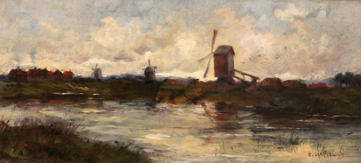 Edward CHAPPEL 1859-1946 Paysage aux moulins, Pays-Bas ou Belgique, tableau, vers 1883-85