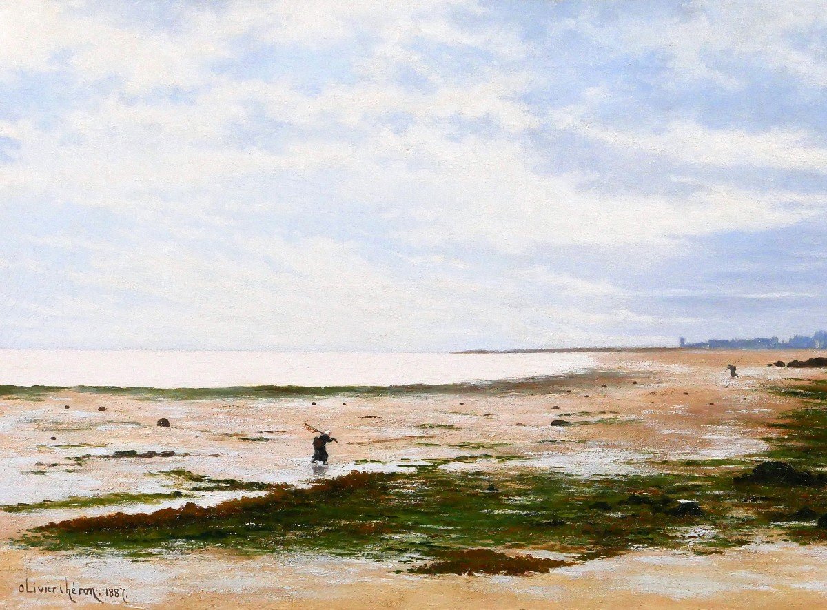 Olivier CHERON 1854-1935 Arromanches, paysage, effet du matin, tableau, Salon 1887, Normandie-photo-4