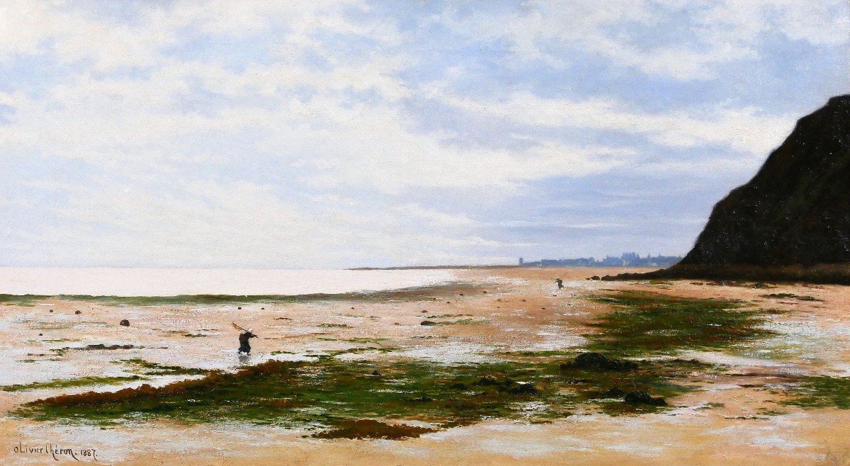 Olivier CHERON 1854-1935 Arromanches, paysage, effet du matin, tableau, Salon 1887, Normandie