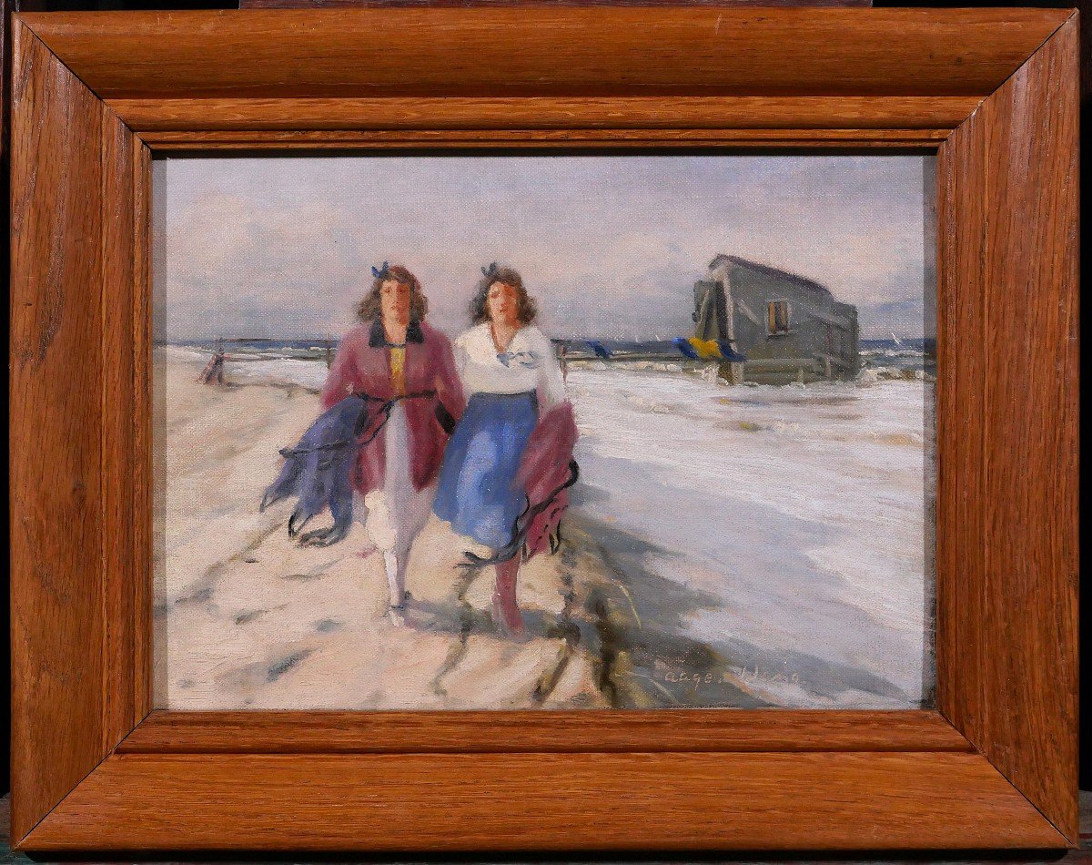 Aage WANG 1879-1959 Deux femmes sur la plage, tableau, vers 1920-30-photo-2