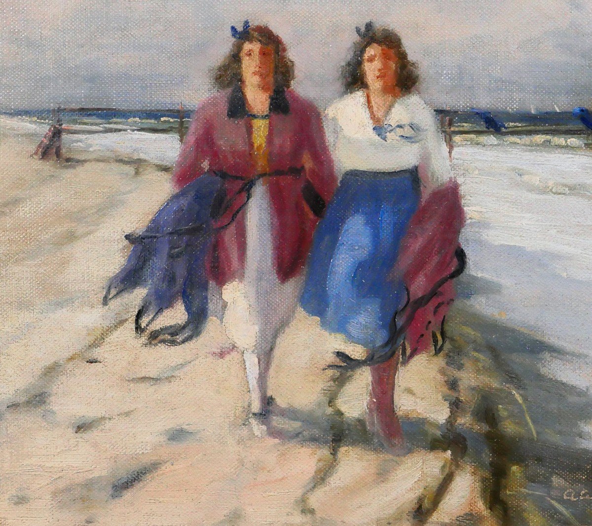 Aage WANG 1879-1959 Deux femmes sur la plage, tableau, vers 1920-30-photo-4