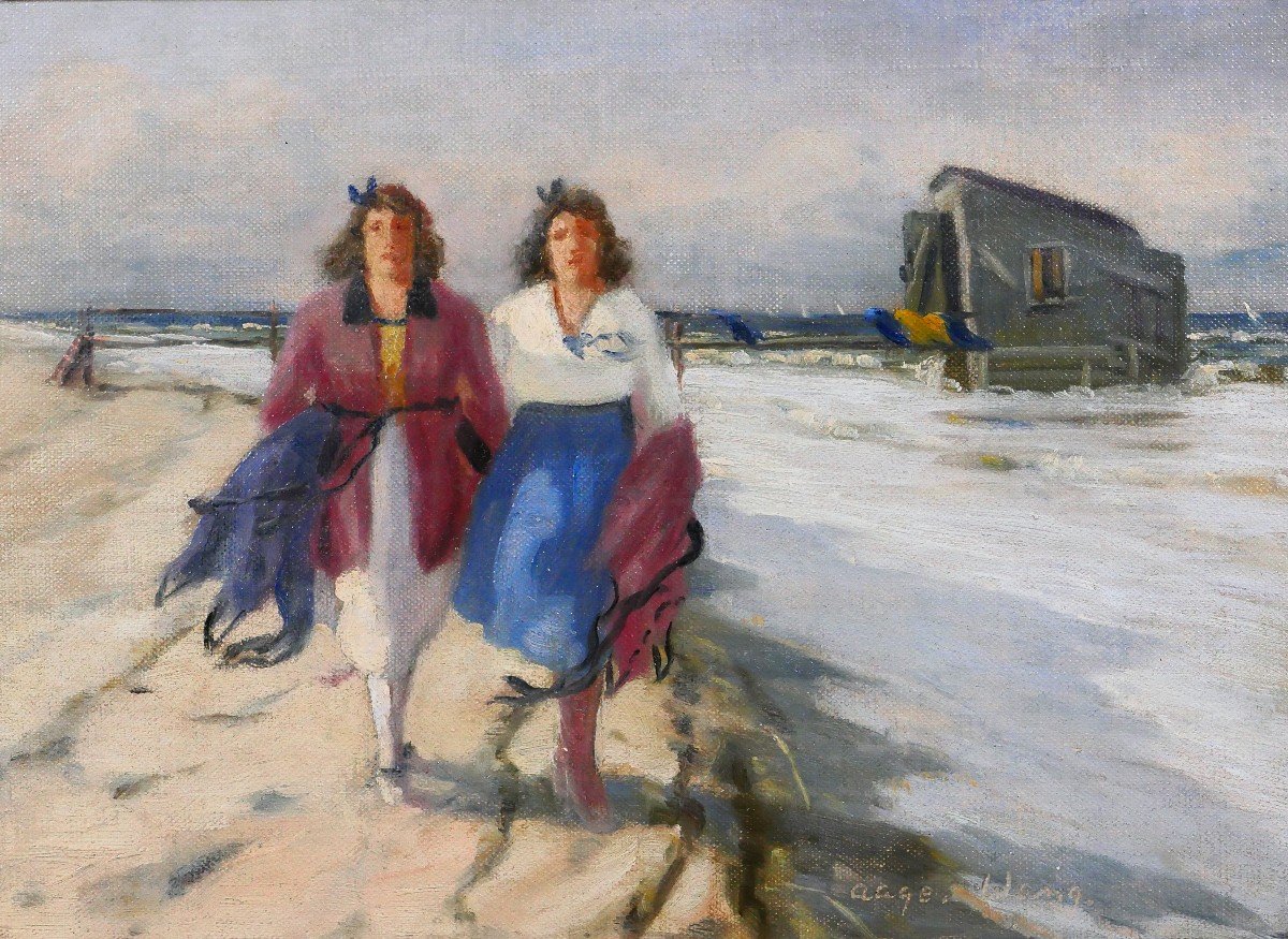 Aage WANG 1879-1959 Deux femmes sur la plage, tableau, vers 1920-30