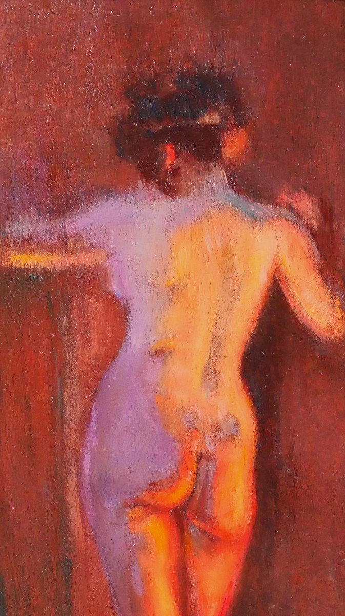 Emile Tremblay 1855-1935 Nude Woman, Mauve And Orange Effect, Painting, Circa 1900-photo-3