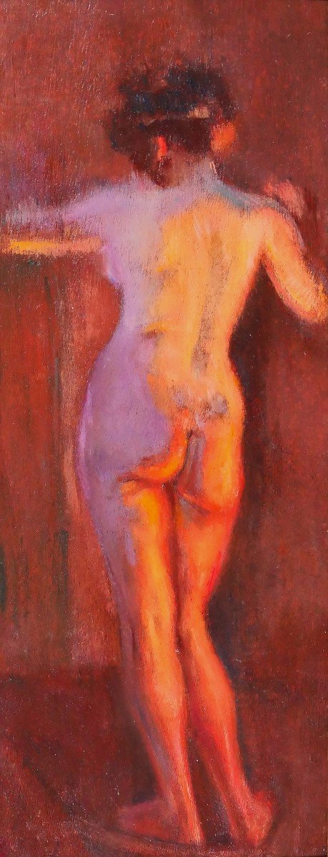 Emile Tremblay 1855-1935 Nude Woman, Mauve And Orange Effect, Painting, Circa 1900